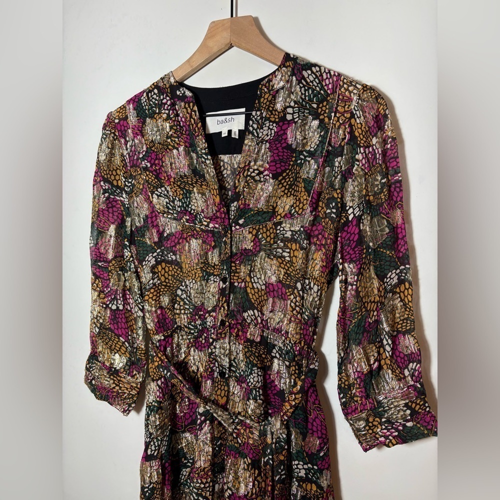 ba&sh Love Metallic Floral Print Midi Belted Dress $495 Sz XS - Picture 7 of 14